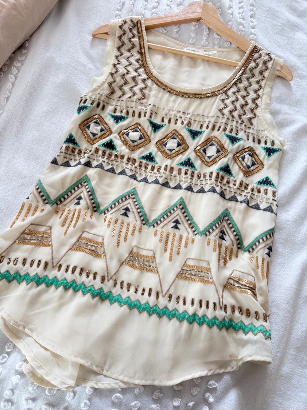 Anthropology Embellished Cream Sleeveless Beaded Tank Top - S